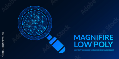 Magnifying 3D glass and search icon. Low poly Magnifire design. Wireframe light connection structure. Modern 3d graphic lowpoly design