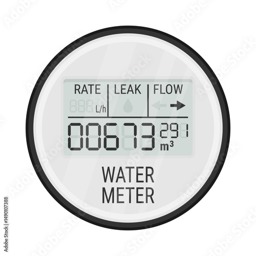 Digital water meter with metric unit markings. Vector illustration depicting themes of water conservation, smart home technology, and utility management