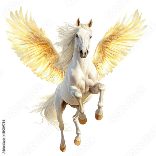 Majestic white horse with stunning wings soaring through the clouds in a fantastical landscape, embodying grace and power in motion