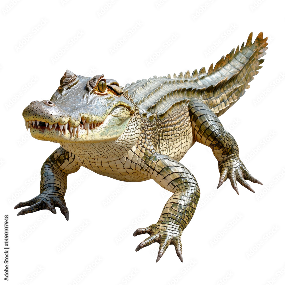 Fototapeta premium Realistic depiction of a crocodile posing in a natural habitat, showcasing intricate details of scales, eyes, and characteristic features of a reptile.