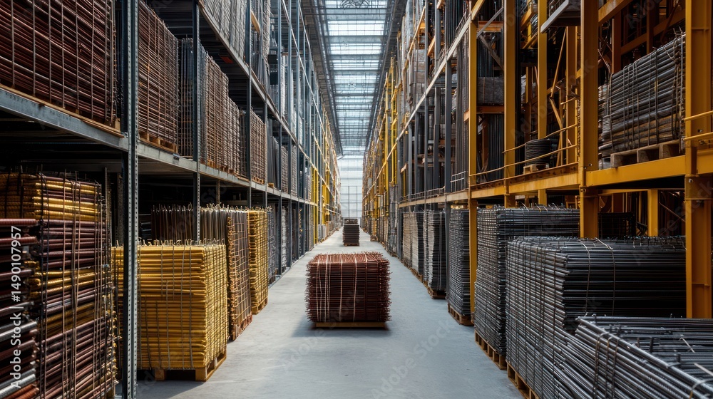 Fototapeta premium Warehouse aisle with metal mesh, construction supplies