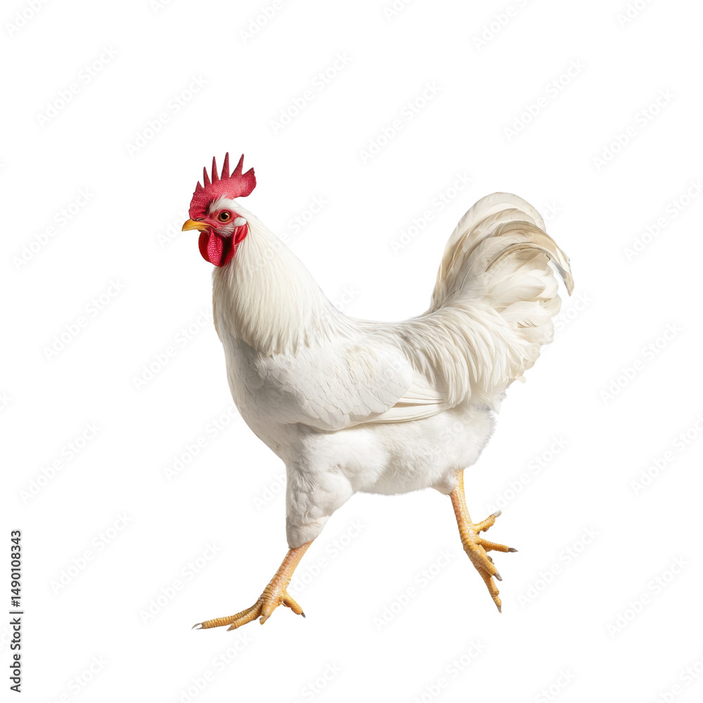 Fototapeta premium Majestic white rooster standing proudly on a clean surface with vibrant feathers and distinct comb showcasing natural beauty and charm in a farm setting.