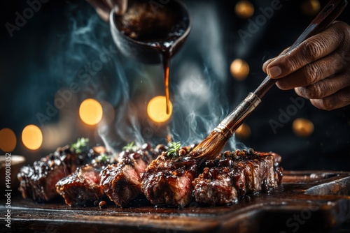 A close-up of chef basting delicious grilled steaks with savory sauce on a wooden board, showcasing culinary expertise, preparation and tempting food presentation.