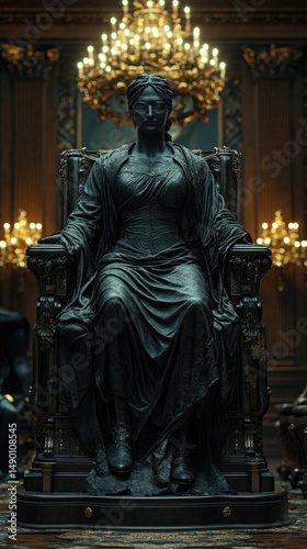 Dark, seated female statue in an opulent interior.