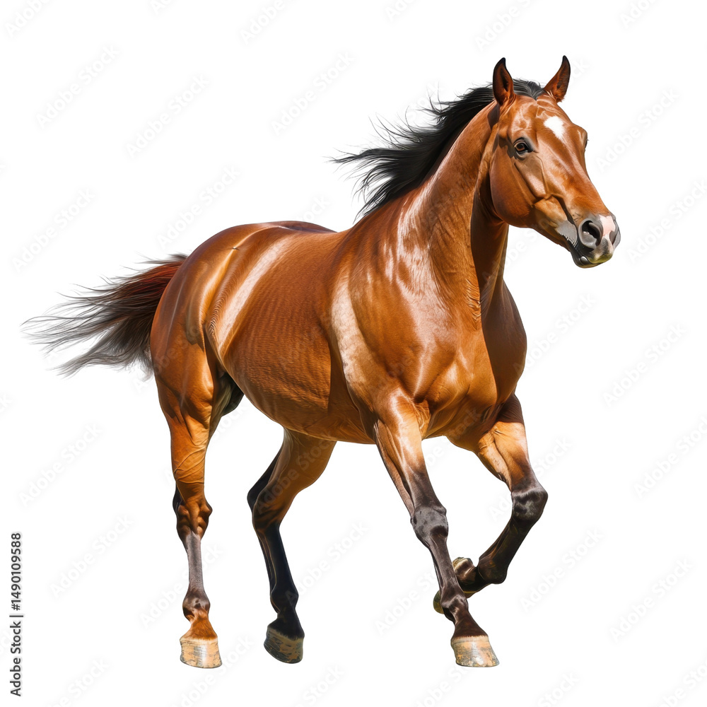Obraz premium Majestic chestnut horse galloping gracefully through the open field under a clear blue sky with flowing mane and powerful stance