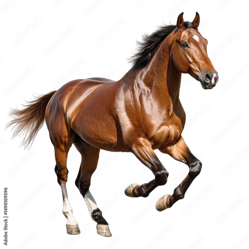 Majestic brown horse galloping with powerful stride on white background, showcasing strength, elegance, and grace in motion, ideal for equestrian themes and more Majestic brown horse galloping with powerful stride on white background, showcasing strength, elegance, and grace in motion, ideal for equestrian themes and more