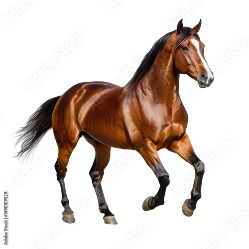 Majestic brown horse running gracefully in an open field, showcasing its strength, beauty, and agility against a natural backdrop of green grass.