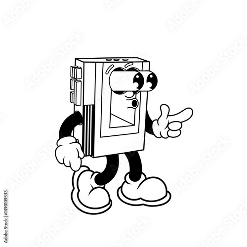 Retro character design of portable cassette player suprised outline