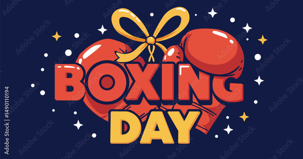 Naklejka premium Boxing Day Celebration Icon with Red Boxing Gloves, Ribbon, and Festive Stars