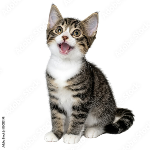 Playful tabby kitten with bright eyes and joyful expression, sitting upright and looking at the camera with excitement and curiosity, isolated on white background