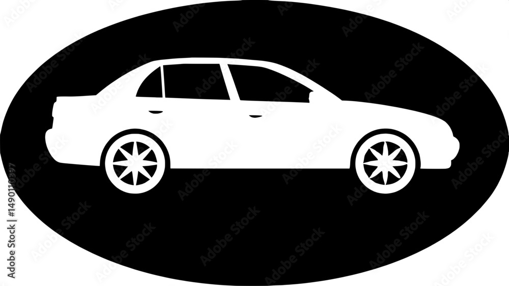A white, simple, minimalist illustration of a sedan. The car is positioned in profile view, centered within a circle. The car's shape is outlined, with visible features like wheels and doors. No detai A white, simple, minimalist illustration of a sedan. The car is positioned in profile view, centered within a circle. The car's shape is outlined, with visible features like wheels and doors. No detai