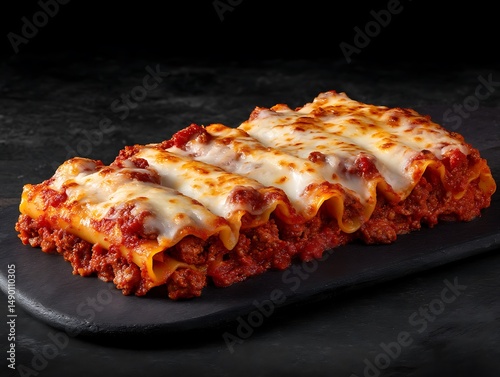 Close up of delicious looking meat lasagna rolls with cheese topping served
