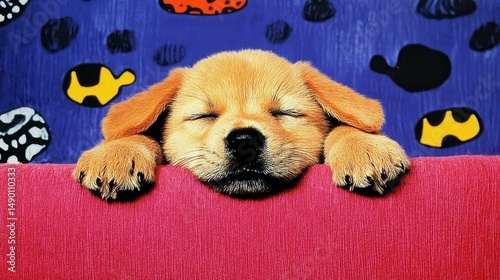 Sleeping puppy leaning on pink surface