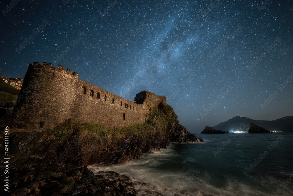 Fototapeta premium Stunning night view of a medieval castle on the Ligurian coast under a starry sky, with the Milky Way illuminating the scene and waves crashing against the rocky shore.