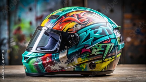 Vibrant Abstract Art Decorates a Modern Racing Helmet, Displayed on a Rustic Wooden Surface