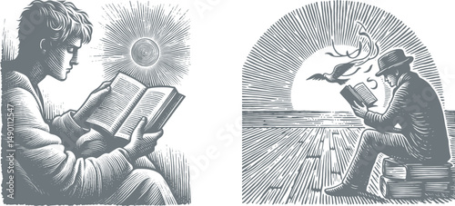 Vintage Engraving Style Illustration of a Poet Reading Their First Poem – Retro Woodcut Art Depicting a Thoughtful Literary Scene with Classic Artistic Detailing