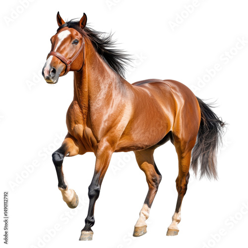 Majestic Brown Horse Galloping Gracefully Through Open Field in Bright Sunlight, Showcasing Strength and Elegance of Equine Beauty