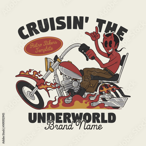 retro cartoon emblem of devil riding chooper bike