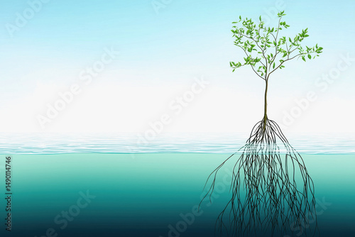 Tree with exposed roots nestled in water surrounded by nature’s beauty in an everglade mangrove root system scene