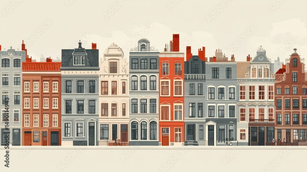 Fototapeta premium Colorful Historic Building Row Seamless Pattern Illustration