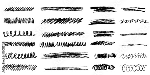 Hand drawn chalk pencil crayon smears textured lines. Highlight grunge doodles childish elements isolated on white background.