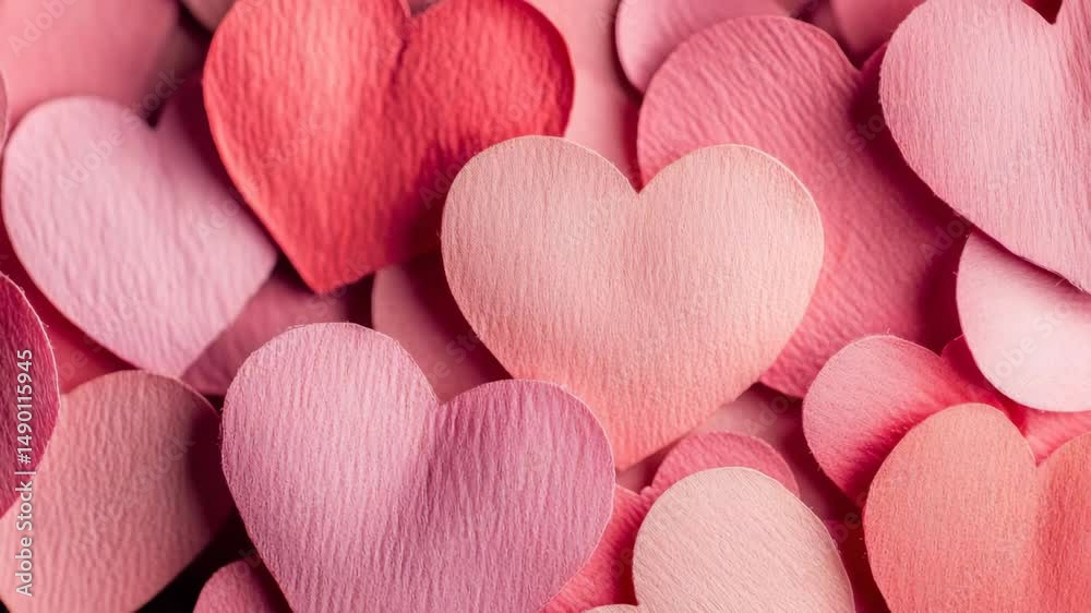 A bunch of hearts are scattered around a pink background. The hearts are all different sizes and are placed in various positions. Scene is one of love and affection