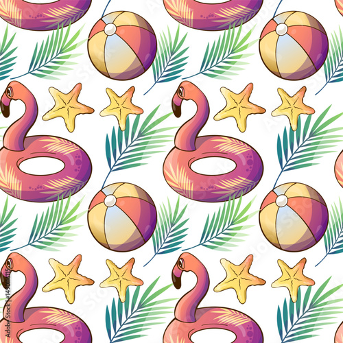 Seamless summer pattern with beach ball, flamingo, palm leaves, and starfish. Bright red and yellow color palette. Perfect for vacation-themed designs, textiles, wrapping paper, and digital background