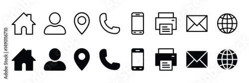 Contact us icon set. Business card icons containing address, name, location, phone, mobile, fax, email and website symbol. Transparent PNG and vector illustration.