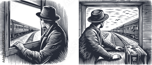Vintage Engraving Woodcut Set: Traveler Gazing Through Train Window – Retro Line Art Collection of Scenic Railroad Journey Illustrations for Travel Posters and Decor
