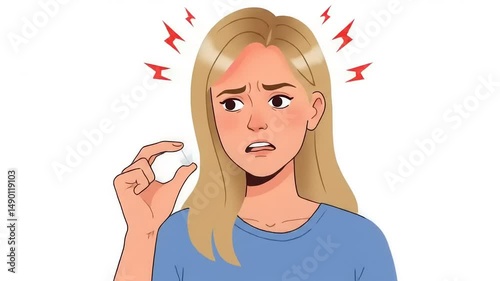 Young woman looking concerned while holding a small object, with stress lines around her head