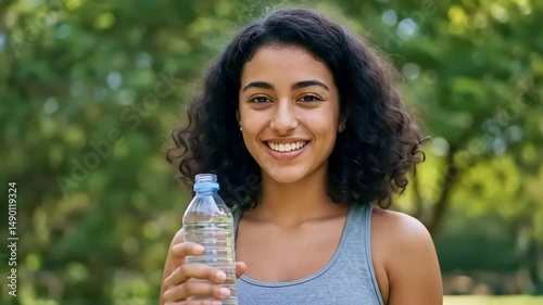 Young woman smiling while holding a water bottle in a sunny park, surrounded by lush greenery
