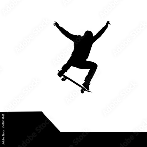 Silhouette of skateboarder performing jump trick against a white background on a sunny day outdoors