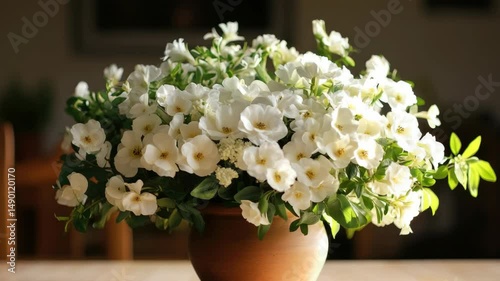 A vase of white flowers sits on a table. The flowers are arranged in a way that makes them look like they are in a bouquet. The vase is brown and has a rustic feel to it