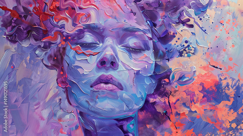 Artistic Portrait of a Woman with Closed Eyes in Shades of Purple and Blue An Impasto Painting with a Dreamy Ethereal Quality and Textured Brushstrokes