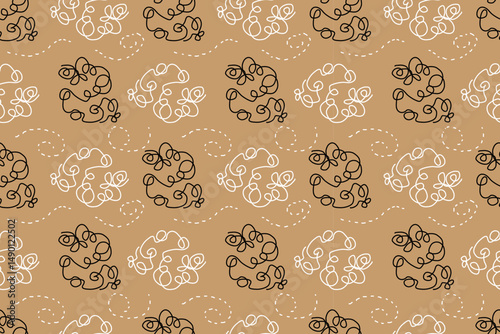 Seamless abstract coffee pattern with white and black scribbles on  brown background. For wallpaper, textiles, packaging, background, website. Uneven abstract shapes.