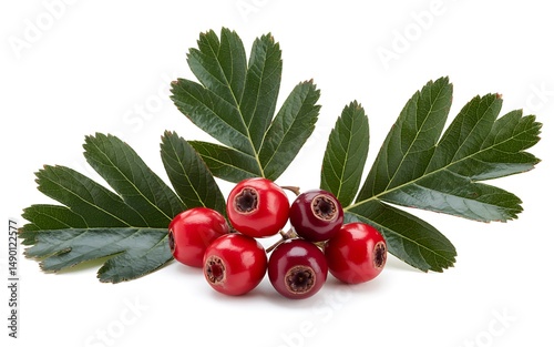 Isolated autumn hawthorn berries with leaves on a white background, studio shot