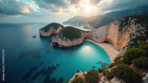 Cloudy morning above Cala d’Hort, coastal cliffs and calm sea from above.