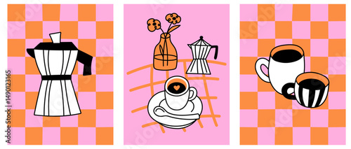 Vector coffee hand drawn playful and whimsical  illustrations, breakfast and brunch cafe and coffee shop prints and posters