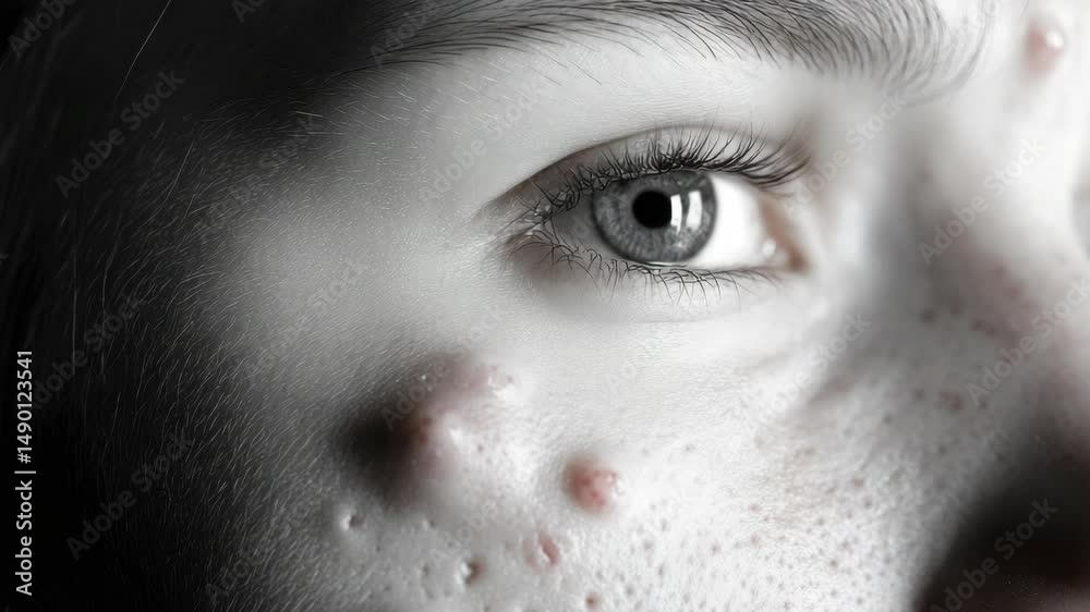 A woman's face with a few blemishes on it. In black and white