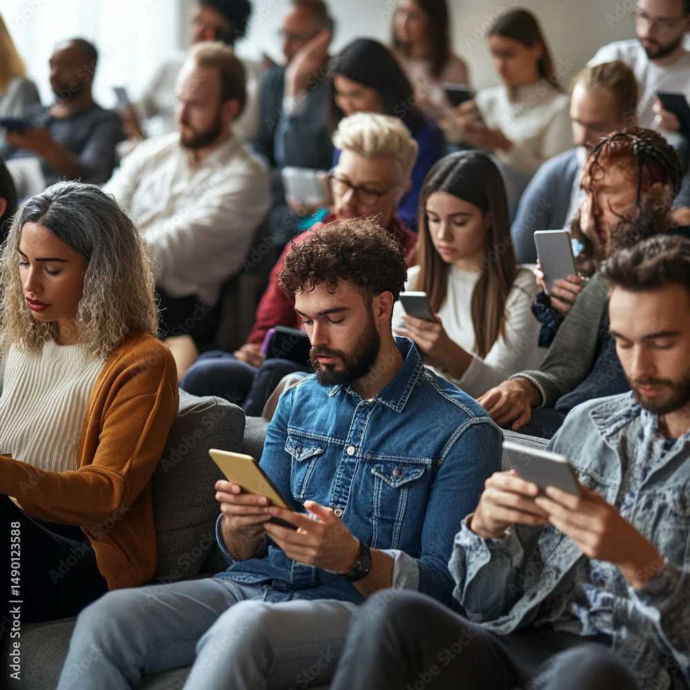 Obraz premium Group of Diverse People in a Room, Focused on Their Smartphones, Reflecting Digital Communication and Isolation. Generated image