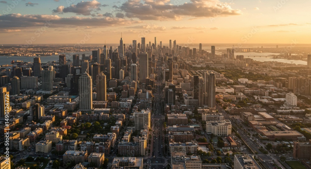 Obraz premium Aerial view of a city skyline at sunset