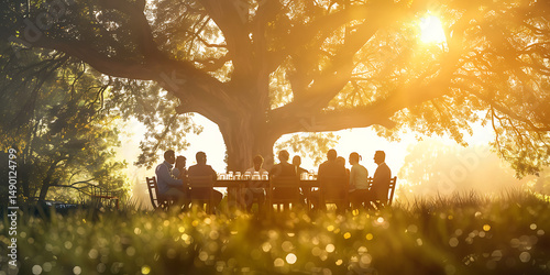 A Golden Gathering: Friends and Family Sharing a Meal Under the Giant Oak Tree in a Sun Drenched Meadow, Celebrating Togetherness and the Beauty of Nature