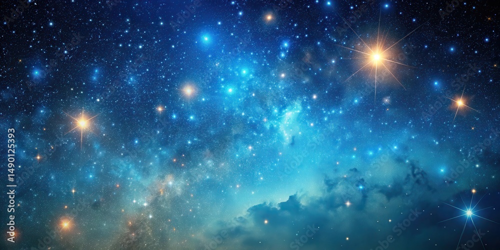 Obraz premium Dark celestial body against light blue background with vibrant starry sky and numerous small stars scattered throughout , astronomy, stellar landscape