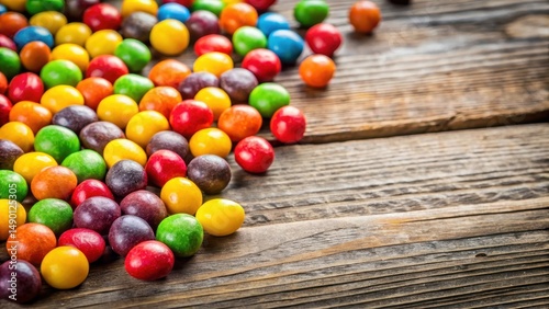 Colorful Freeze Dried Skittles candies with split centers scattered on a wooden table, highlighting their unique texture and shape , food, split centers