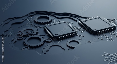 Computer chips on circuit board with gears