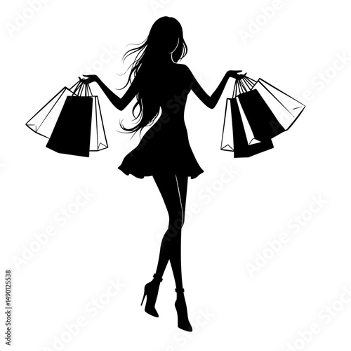 Silhouette of a woman holding shopping bags with long hair and wearing a short dress and high heels