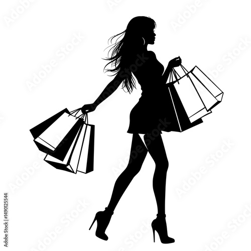 Silhouette of a woman walking with shopping bags in hand wearing high heels and a short dress design