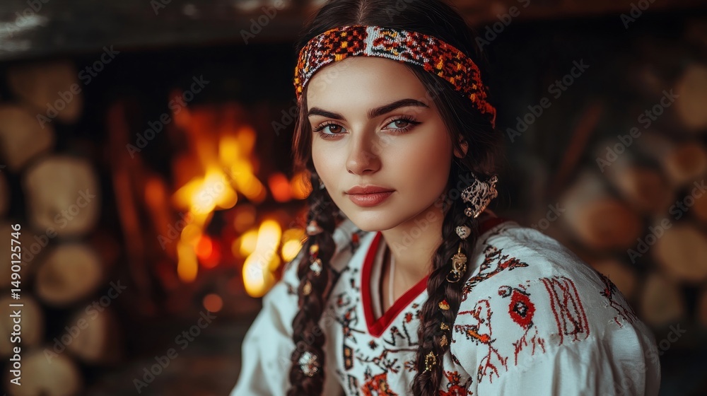 Fototapeta premium Young woman in embroidered top by fireplace warm tones cozy atmosphere
