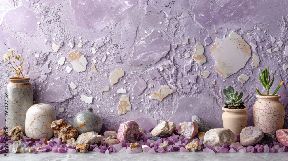 Fototapeta premium Trendy terrazzo seamless wallpaper in pale purple tones with scattered ivory and light blush marble chips