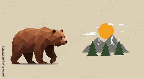 Brown bear low poly illustration with landscape background